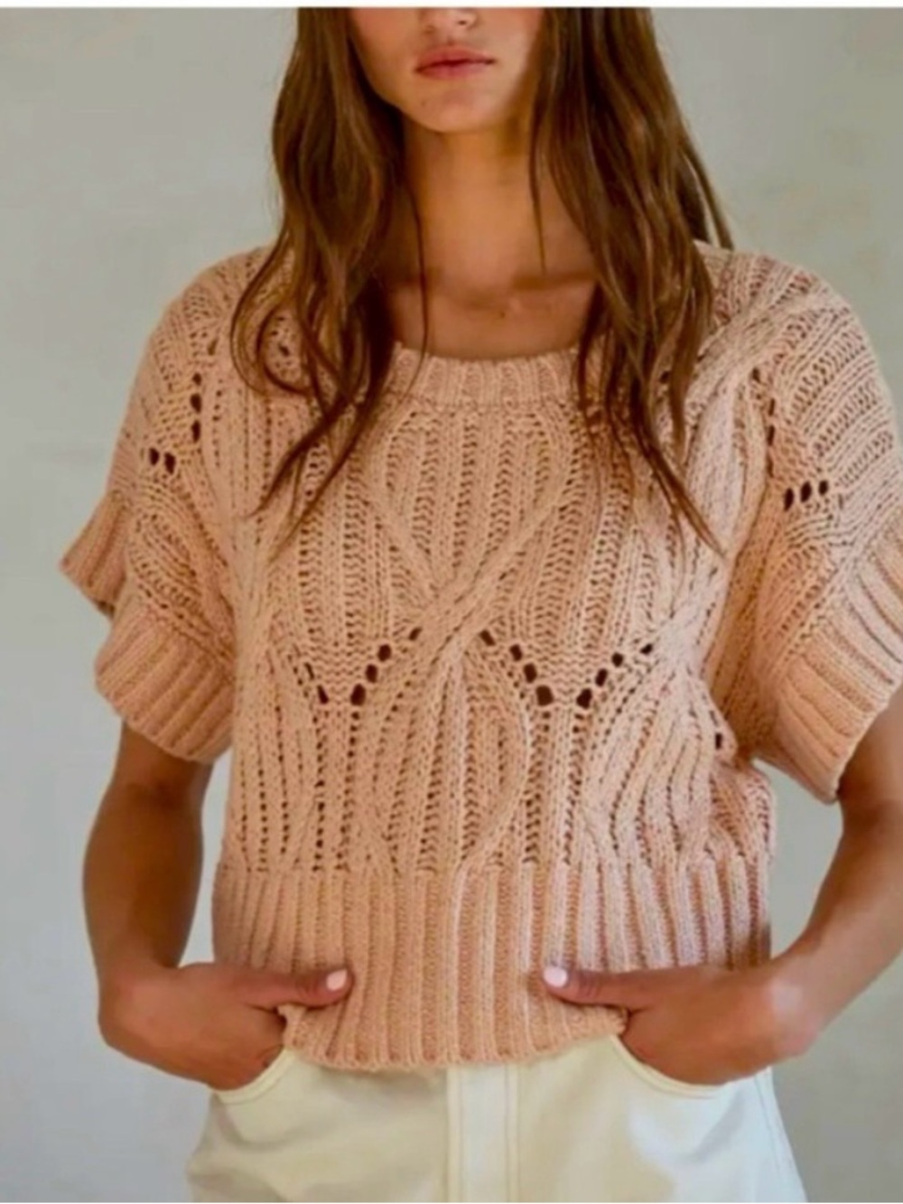 By Together brand Crochet Chunky Knit Short-Sleeve All Season Sweater